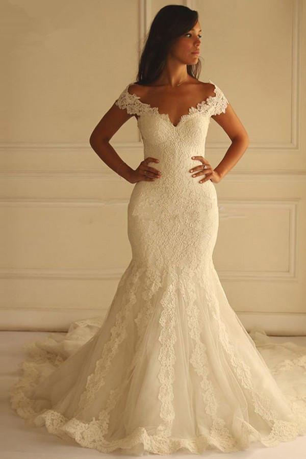 Off Shoulder Court Train Short Sleeves Mermaid Lace Wedding Dress WD104 - Pgmdress