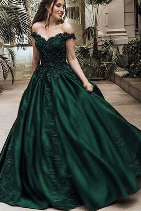 Off Shoulder Ball Gown Green Prom Dress with Appliques PG784 US10 / Custom Color Off Shoulder Ball Gown Green Prom Dress with Appliques PG784 US10 / Custom Color