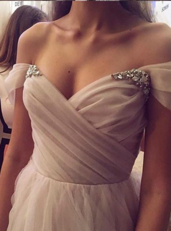 Off Shoulder Tulle Sleeves Blush Wedding Dress Colorful Bridal Dress WD354 - Pgmdress