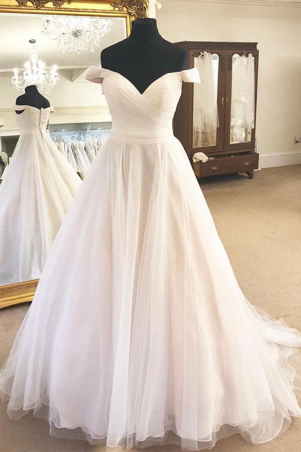 Off the Shoulder A-Line Ivory Wedding Dress with Pleats WD418 - Pgmdress