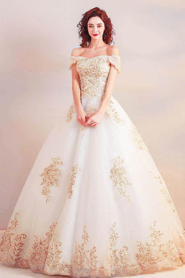 Off The Shoulder Ball Gown Long Wedding Dress with Gold Appliques US16 / Custom Color Off The Shoulder Ball Gown Long Wedding Dress with Gold Appliques US16 / Custom Color