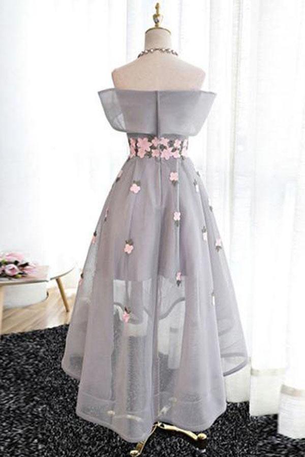 Off-the-Shoulder High Low Grey Tulle Homecoming Dress With Appliques PD243 - Pgmdress
