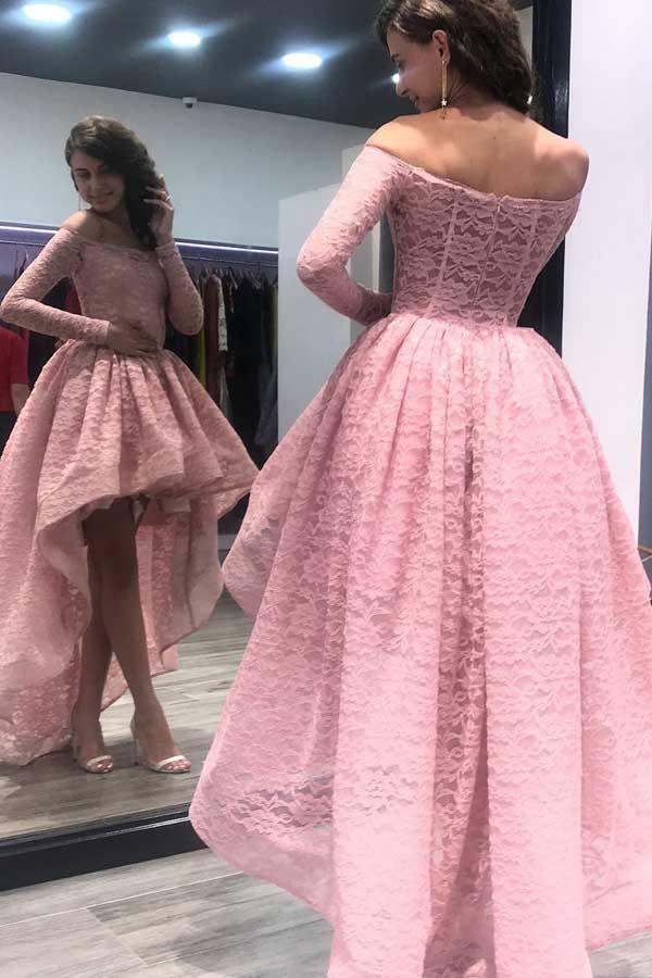Off-the-Shoulder High Low Pink Long Sleeves Lace Prom Dress PG496 US6 / Pink Off-the-Shoulder High Low Pink Long Sleeves Lace Prom Dress PG496 US6 / Pink