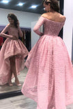 Off-the-Shoulder High Low Pink Long Sleeves Lace Prom Dress PG496 - Pgmdress