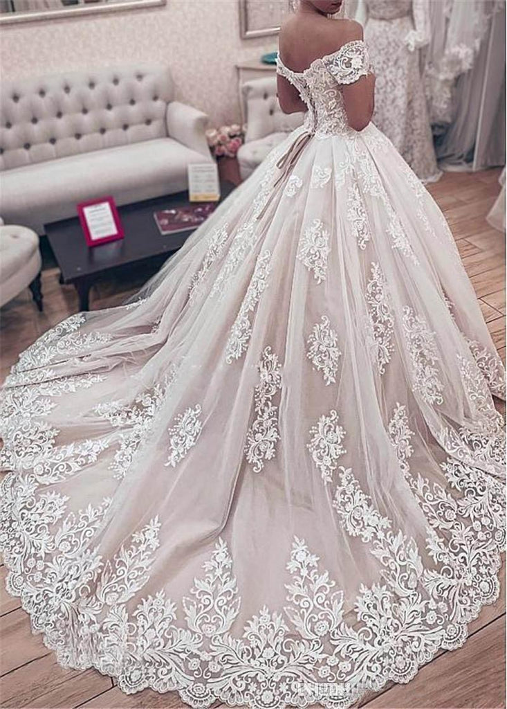 Off the Shoulder Lace Appliques Ball Gown Wedding Dress WD027 - Pgmdress