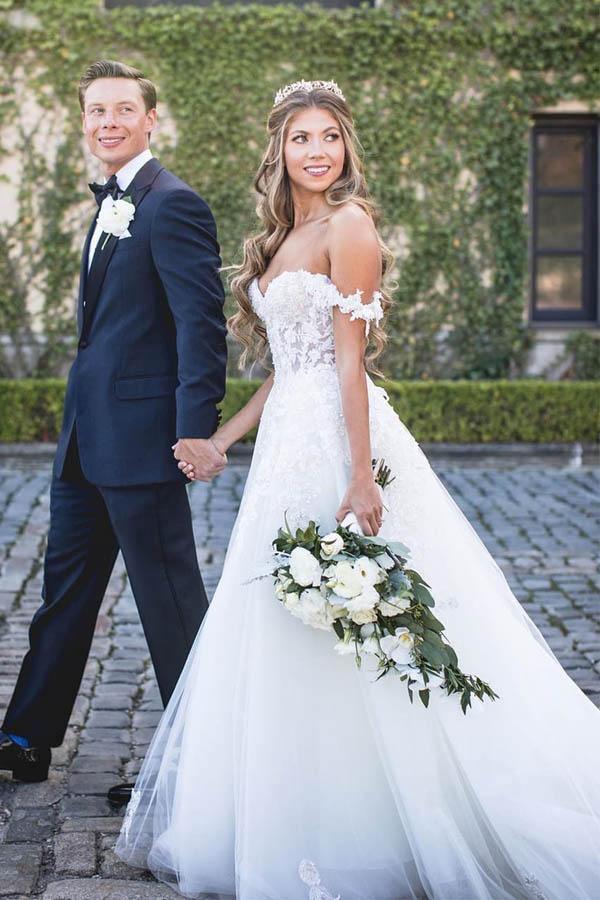 Off The Shoulder Lace Appliques Tulle Princess Wedding Dress WD445 US2 / White