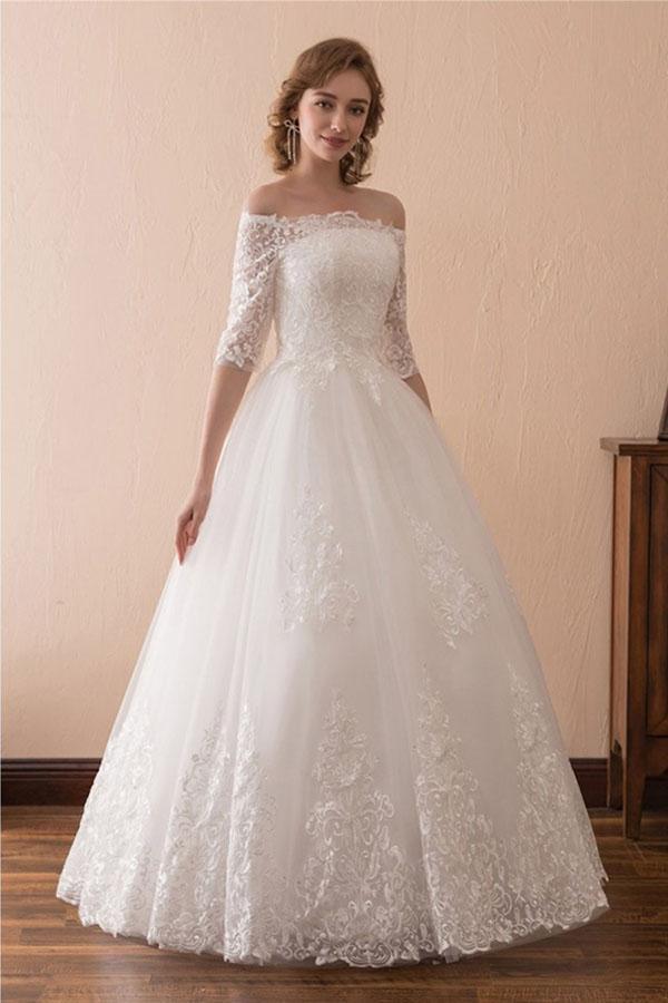 Off The Shoulder Lace Ball Gown Wedding Dress with 1/2 Sleeves Custom Size / White Off The Shoulder Lace Ball Gown Wedding Dress with 1/2 Sleeves Custom Size / White