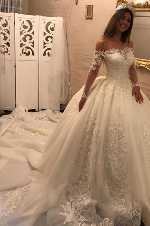 Off The Shoulder Long Sleeves Appliques Princess Wedding Dress WD163 US14 / Custom Color Off The Shoulder Long Sleeves Appliques Princess Wedding Dress WD163 US14 / Custom Color