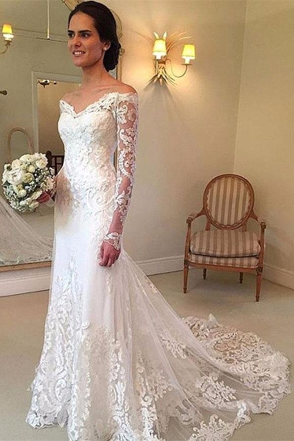 chinese dress ladies Fit&Flare Lace Off-the-shoulder Wedding Dresses with Long Sleeves –  loveangeldress