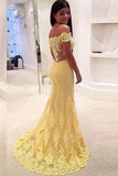 Off-the-Shoulder Mermaid  Lace Court Train Yellow Prom Dress PG330
