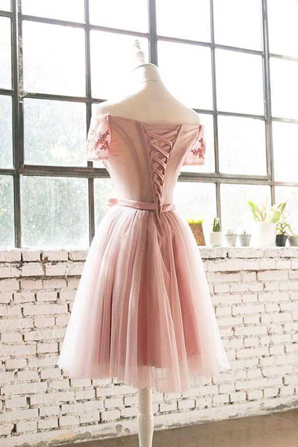 Off The Shoulder Pink Lace Tulle Short Prom Dress Homecoming Dress PD200 - Pgmdress