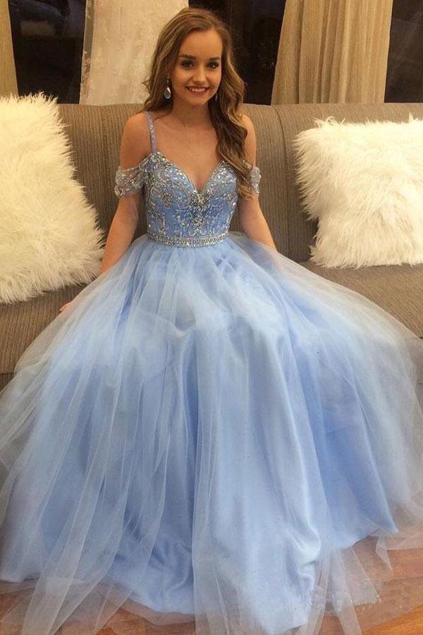 green emerald velvet dress Off Shoulder Sky Blue Beaded Tulle Prom Dress Long Formal Dress PG963 US4 / Sky Blue