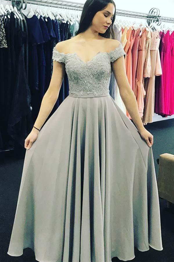 Off The Shoulder Grey Chiffon Prom Dress with Appliques PG473 US16 / Custom Color Off The Shoulder Grey Chiffon Prom Dress with Appliques PG473 US16 / Custom Color