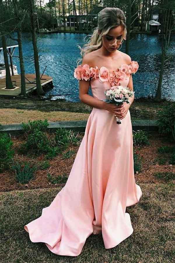 Off-The-Shoulder Pink Satin Prom Dress with Flowers PG474 US4 / Pink Off-The-Shoulder Pink Satin Prom Dress with Flowers PG474 US4 / Pink