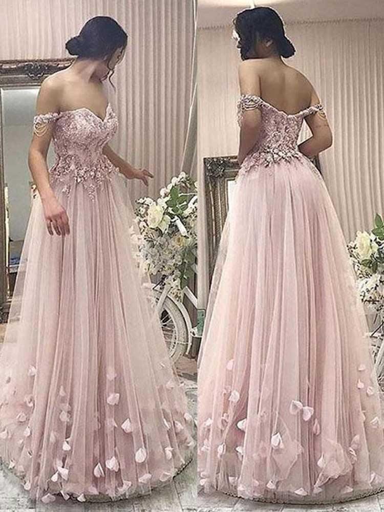 Off the Shoulder Sweetheart Grey Pink Lace and Flower Long Prom Dresses PG773 - Pgmdress