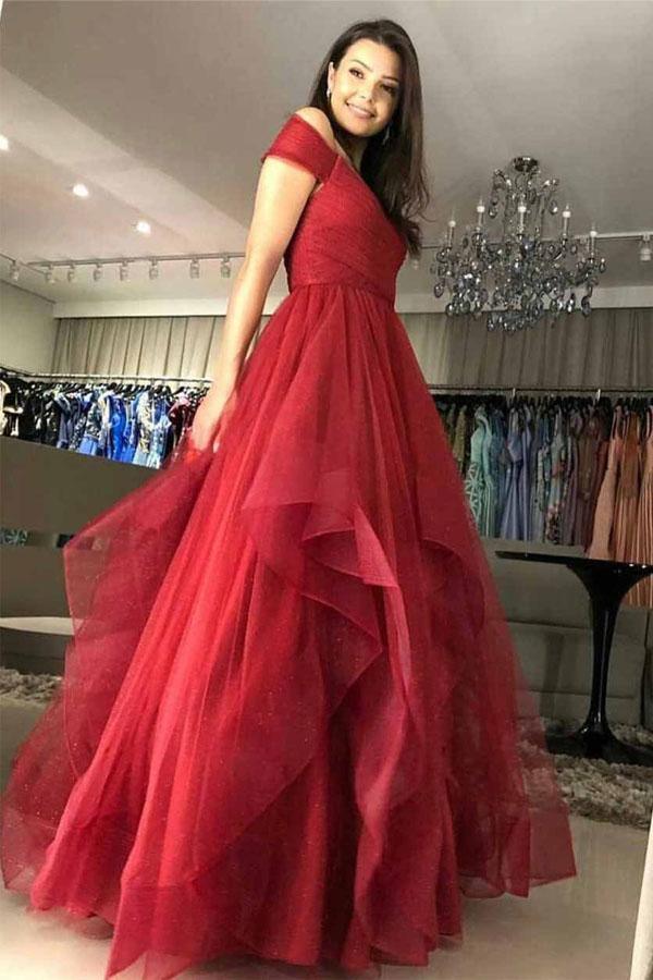 Off the Shoulder Tiered Champagne Prom Dress with Pleats PSK162