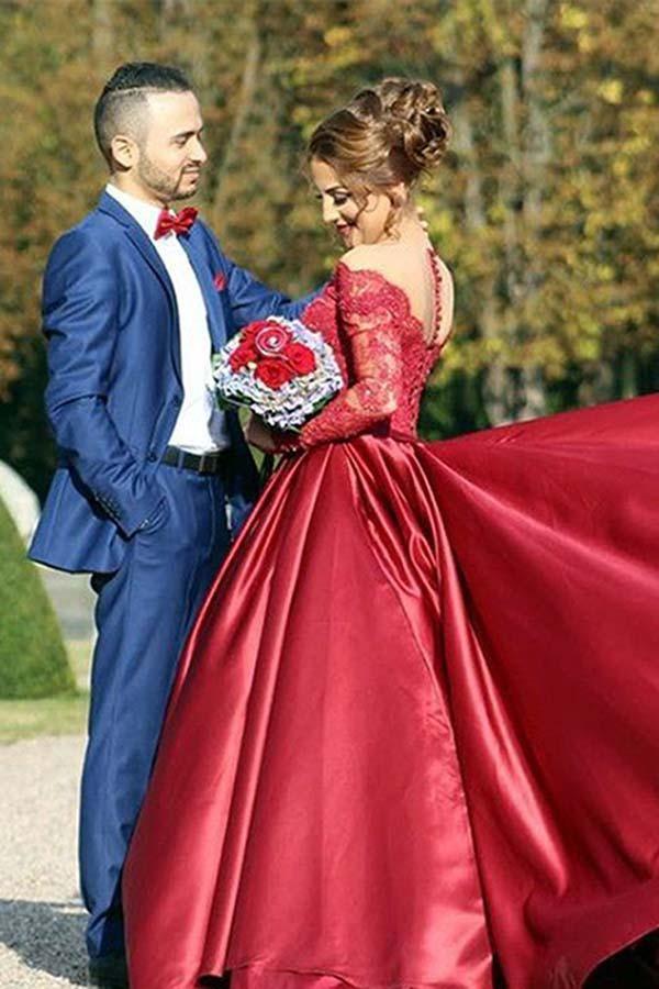 Off-the-Shouler Sweep Train Long Sleeves Burgundy Satin Prom Dress PG441 - Pgmdress