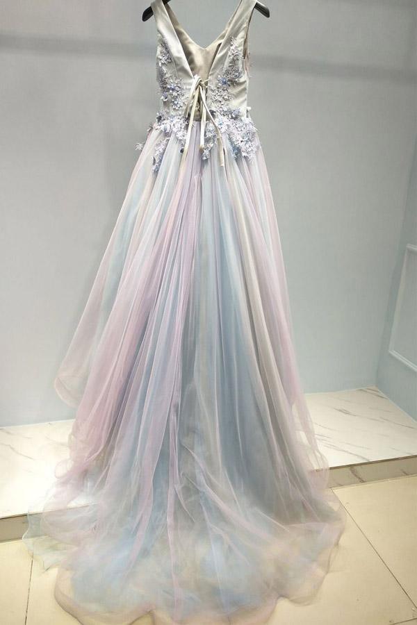 Ombre Beautiful Prom Dress A-line V Neck Tulle Evening Dress PSK096 - Pgmdress