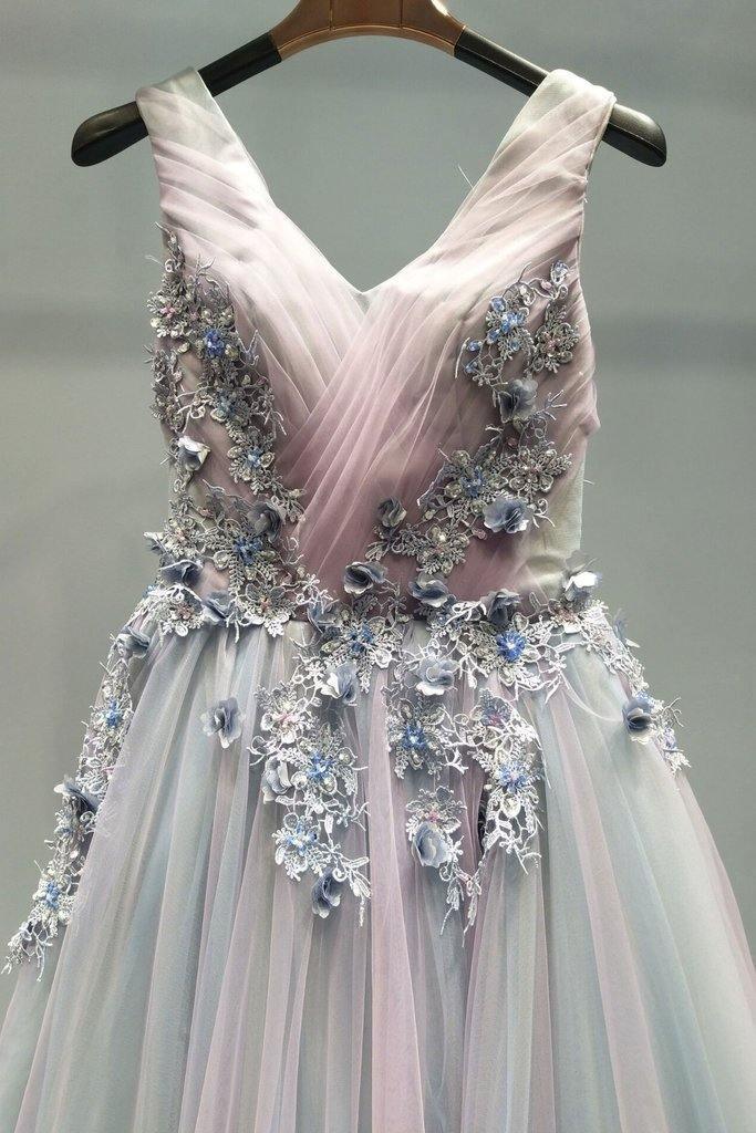 Ombre Beautiful Prom Dress A-line V Neck Tulle Evening Dress PSK096 - Pgmdress