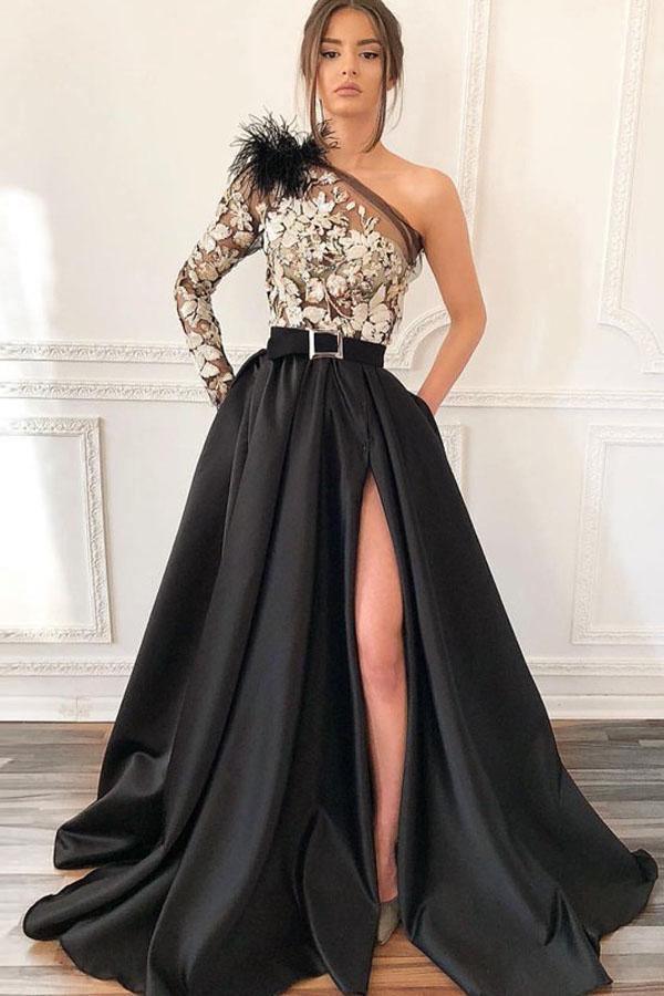 Lace Long Black One Shoulder Evening Dress One Shoulder Black Long Prom Dress With Pockets Feathers PSK039 US2 Black Lace Long Black One Shoulder Evening Dress One Shoulder Black Long Prom Dress With Pockets Feathers PSK039 US2 Black