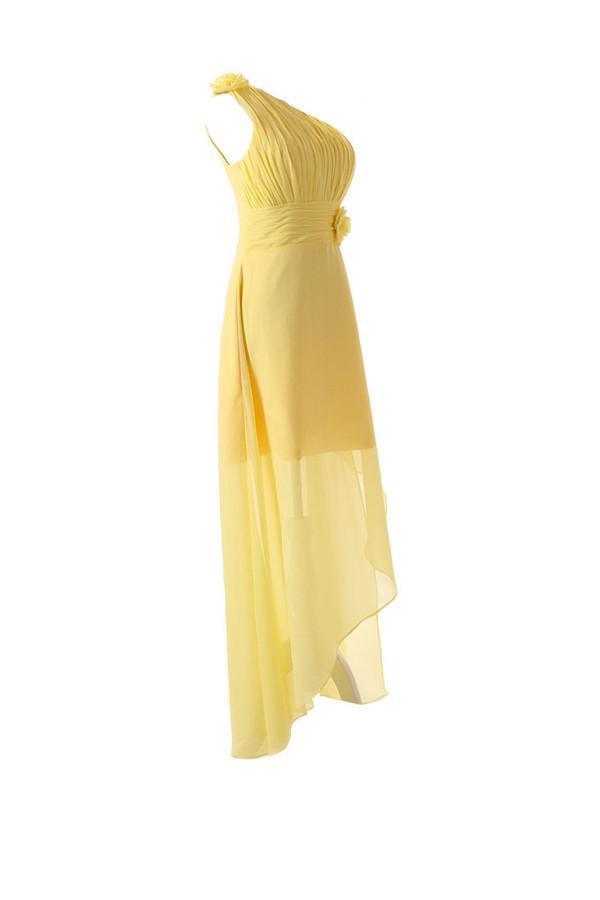 One Shoulder Floor Length Chiffon Yellow Bridesmaid Dress With Flower BD015 - Pgmdress