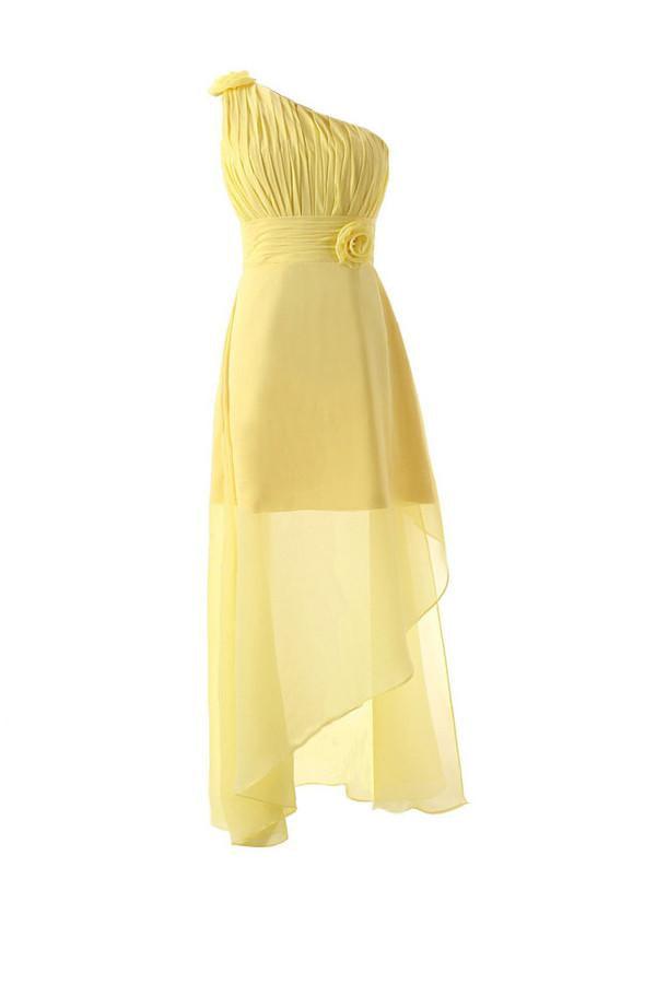 One Shoulder Floor Length Chiffon Yellow Bridesmaid Dress With Flower BD015 - Pgmdress