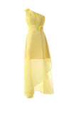One Shoulder Floor Length Chiffon Yellow Bridesmaid Dress With Flower BD015 - Pgmdress