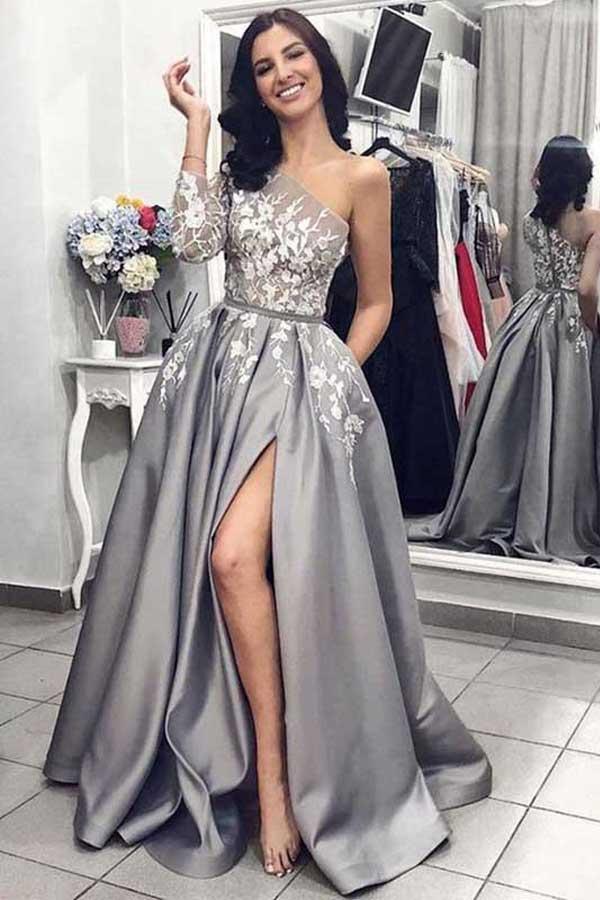 One Shoulder Long Sleeves Grey Satin Split Prom Dresses with
