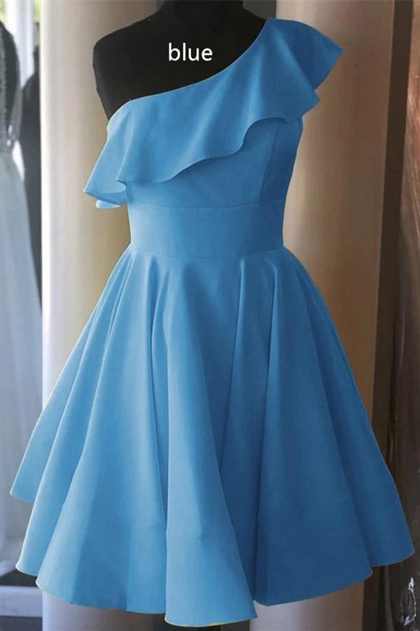 One Shoulder Ruffled Short Prom Dress Yellow Homecoming Dress PD342 - Custom Size / Blue One Shoulder Ruffled Short Prom Dress Yellow Homecoming Dress PD342 - Custom Size / Blue