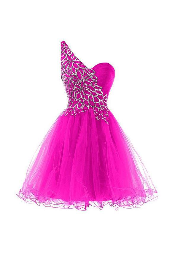 One Shoulder Tulle Homecoming Dresses Short Prom Dresses With Beading US12 / Hot Pink One Shoulder Tulle Homecoming Dresses Short Prom Dresses With Beading US12 / Hot Pink