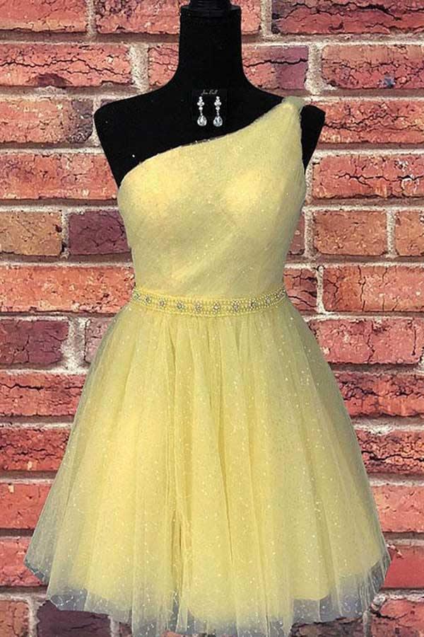 One Shoulder Yellow Chic Tulle Homecoming Dress Cute Graduation Dress US0 / Custom Color One Shoulder Yellow Chic Tulle Homecoming Dress Cute Graduation Dress US0 / Custom Color