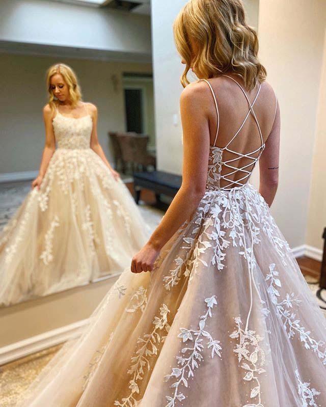 A-line Round Neck Tulle Lace Yellow Prom Dress Formal Dress PSK032 - US0 / Nude A-line Round Neck Tulle Lace Yellow Prom Dress Formal Dress PSK032 - US0 / Nude