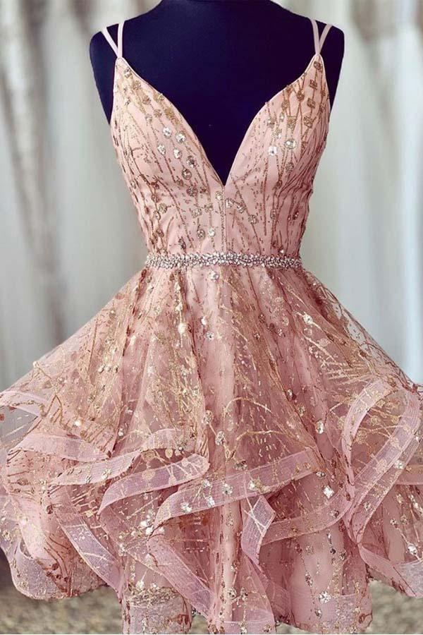 Pink Deep V-Neck Homecoming Dress Sequined Short Prom Dress PD426 - Pgmdress