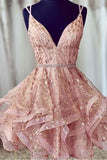 Robe de soirée rose à col en V profond Robe de bal courte à paillettes PD426
