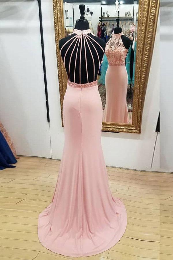 Pink Lace High neck Open Back Long Mermaid Prom Dress PSK018 - Pgmdress