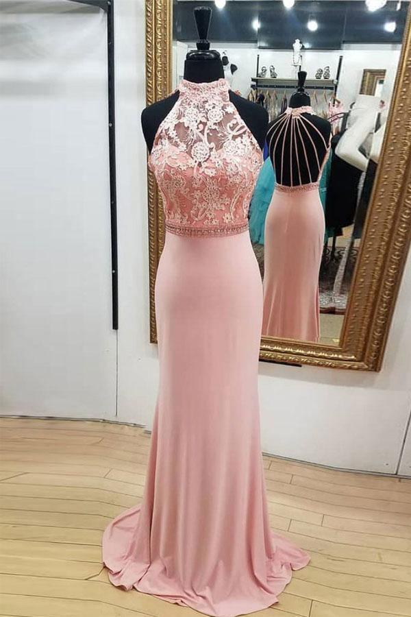 High Neck Pink Lace Open Back Long Mermaid Prom Dress PSK018 US8 / Pink