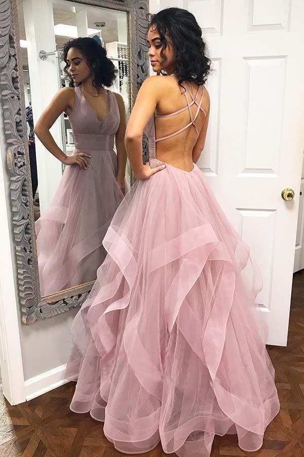 2024 Hot Pink V Neck Sequins Long Prom Dresses Crossed Back