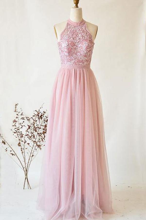 Pink Tulle Lace Strapless High Neck Long Senior Prom Dress PSK106 US0 / Pink Pink Tulle Lace Strapless High Neck Long Senior Prom Dress PSK106 US0 / Pink