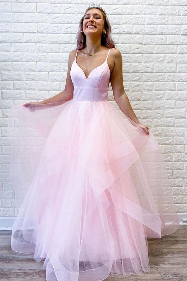 Tulle Ruffles Spaghetti Straps Simple Pink Long Prom Dress PSK093 US6 / Pink Tulle Ruffles Spaghetti Straps Simple Pink Long Prom Dress PSK093 US6 / Pink