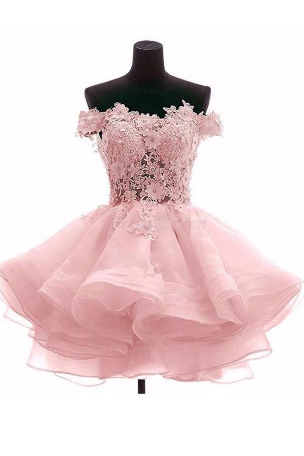 Pretty Off Shoulder Pink Organza Short Homecoming Dresses Custom Size / Pink Pretty Off Shoulder Pink Organza Short Homecoming Dresses Custom Size / Pink