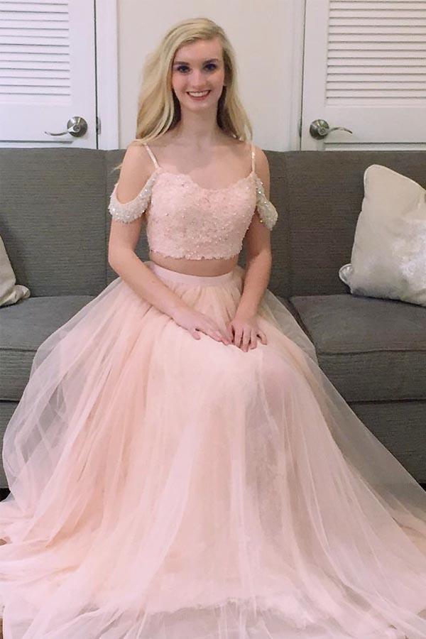 Princess Two Piece Pink Tulle Long Prom Dress Evening Dress US4 / Custom Color Princess Two Piece Pink Tulle Long Prom Dress Evening Dress US4 / Custom Color