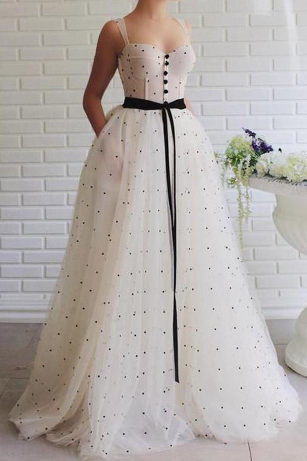 Princess White Tulle A-line Sweetheart Prom Dress With Sash PSK086 - Pgmdress