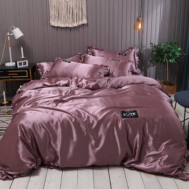 Pure Satin Silk Bedding Set Lace Duvet Cover Single Double Queen King Size Couple Covers White Gray Red – Pgmdress