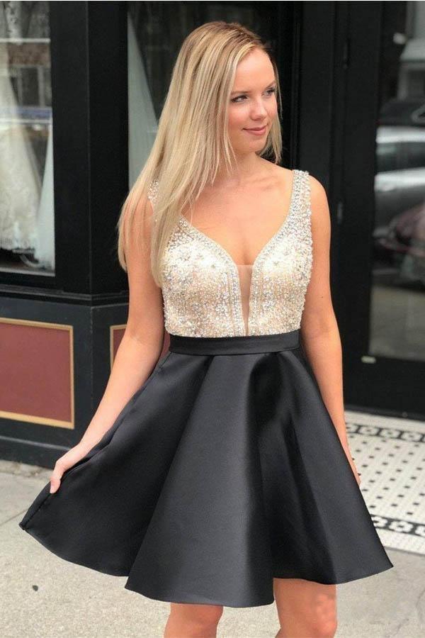 Red Beaded Satin Homecoming Dresses with Pocket Short Prom Dresses PD290 - Custom Size / Black Red Beaded Satin Homecoming Dresses with Pocket Short Prom Dresses PD290 - Custom Size / Black