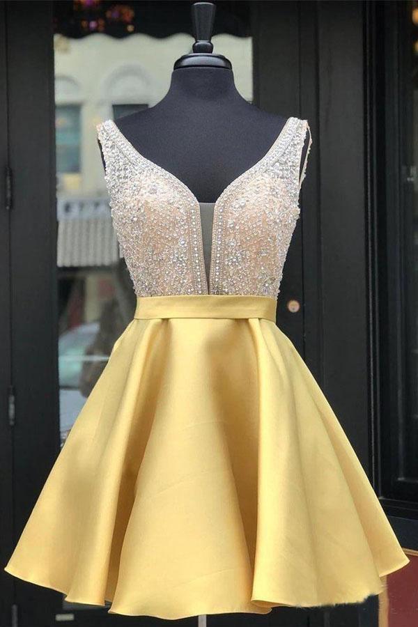 Red Beaded Satin Homecoming Dresses with Pocket Short Prom Dresses US12 / Gold Red Beaded Satin Homecoming Dresses with Pocket Short Prom Dresses US12 / Gold