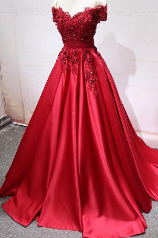 Red Off Shoulder Lace Long A-line Evening Prom Dresses PG576 - Pgmdress