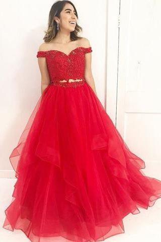Off Shoulder Lace Two Pieces A line Red Long Prom Dress PG558 US14 / Red Off Shoulder Lace Two Pieces A line Red Long Prom Dress PG558 US14 / Red