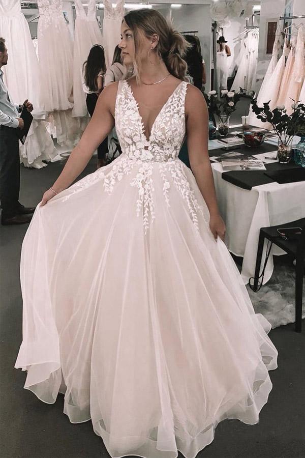 Romantic Deep V Neckline Appliqued Bridal Gown Wedding Dress WD460 Custom Size / White Romantic Deep V Neckline Appliqued Bridal Gown Wedding Dress WD460 Custom Size / White