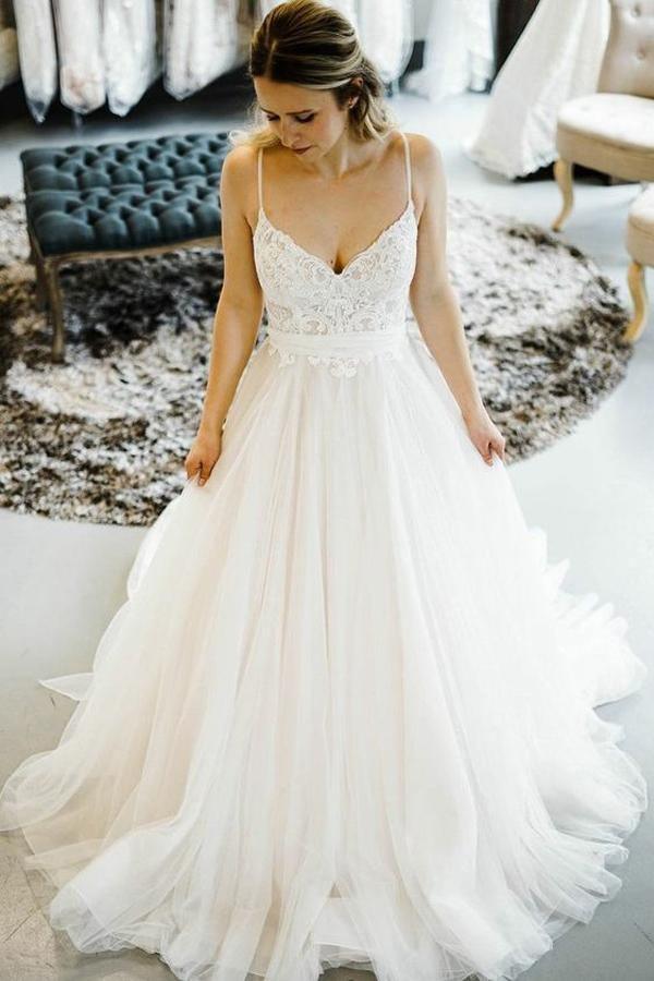 Romantic Princess Style Wedding Dress with Spaghetti Straps WD502 US10 / Ivory Romantic Princess Style Wedding Dress with Spaghetti Straps WD502 US10 / Ivory