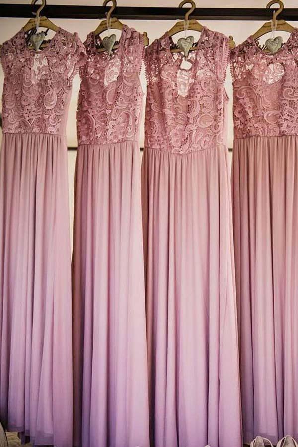 Round Neck Cap Sleeves Chiffon Bridesmaid Dress with Lace BD050 - Pgmdress